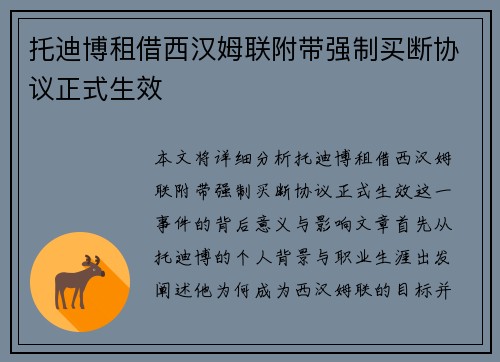 托迪博租借西汉姆联附带强制买断协议正式生效