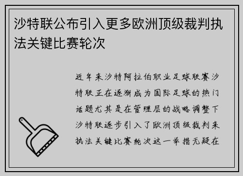 沙特联公布引入更多欧洲顶级裁判执法关键比赛轮次 沙特联公布引入更多欧洲顶级裁判执法关键比赛轮次